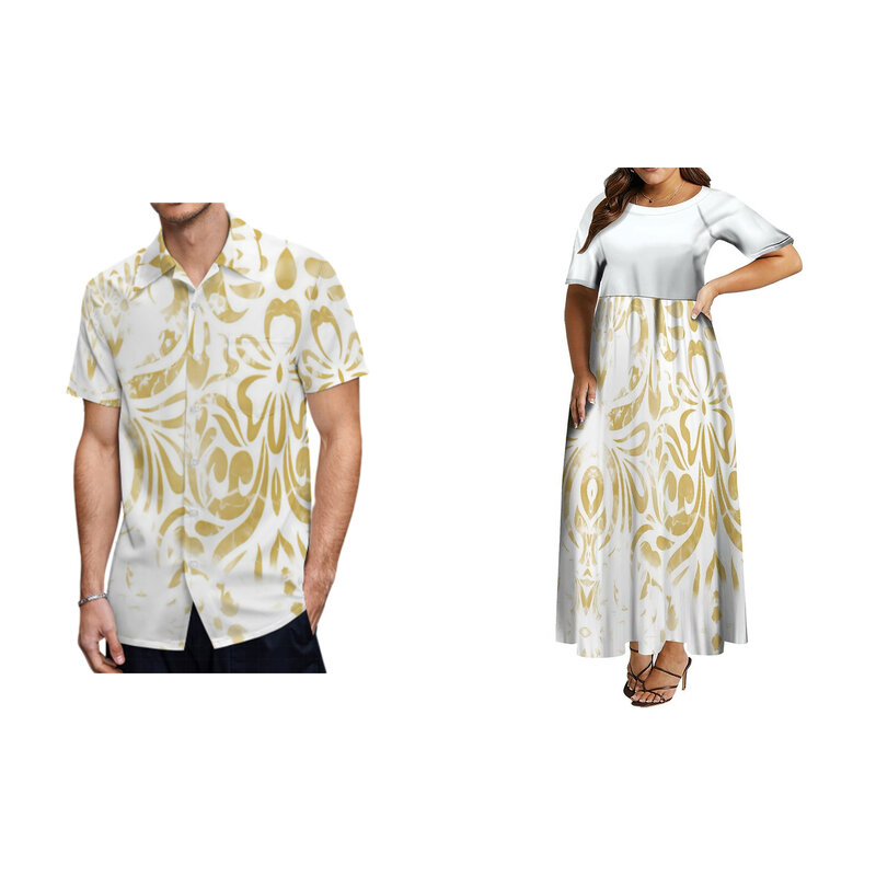 2024 New Woman Medium Sleeve Round Neck Dress Man Hawaii Short Sleeve Shirt Couple Matching Polynesian Wear Samoa Style