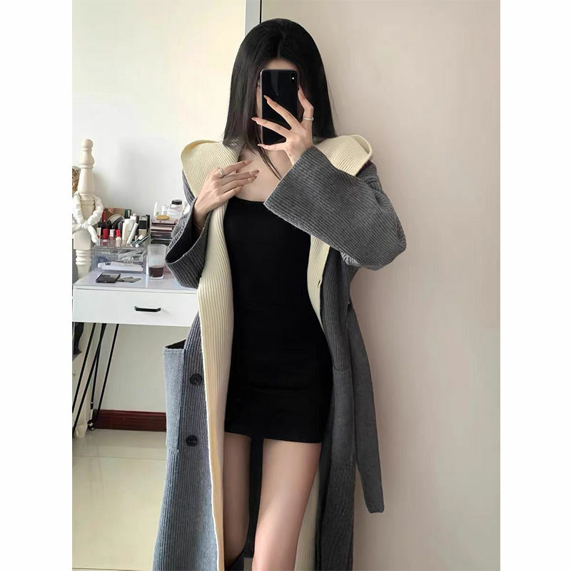 2023 neue koreanische Design Kapuze Quaste Strickjacke gefälschte zwei Frauen Herbst Winter lange lose Pullover Strickjacke Mantel Dame Outwear