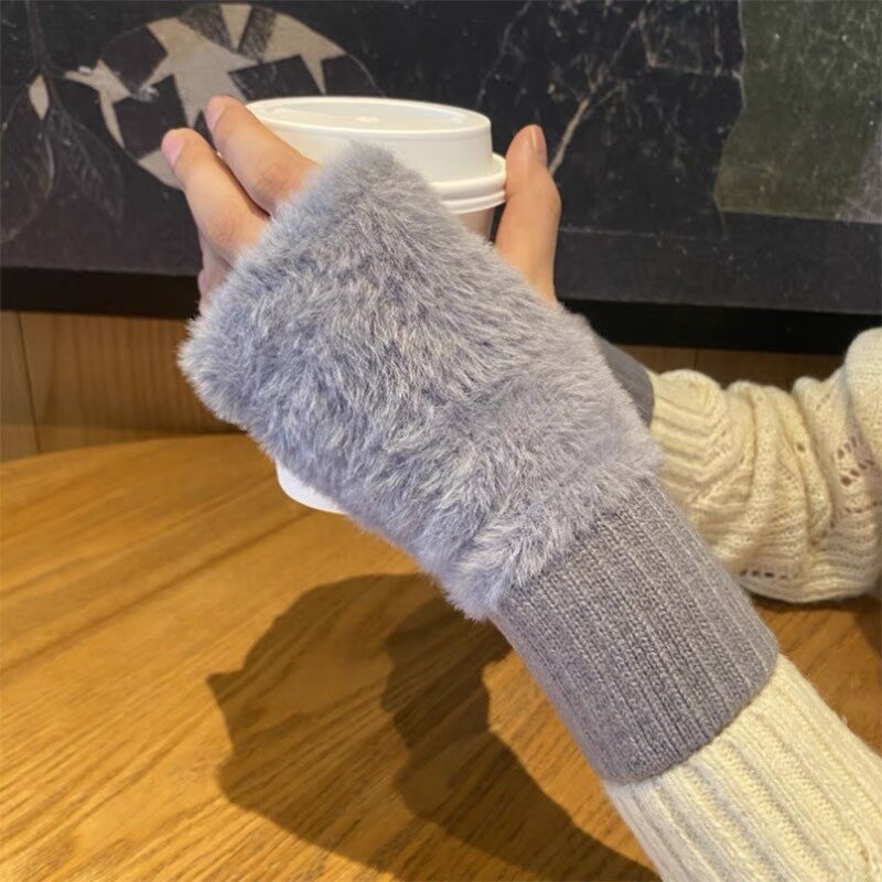 Плюшевые перчатки на полпальца, женские зимние однотонные вязаные плотные мягкие пушистые теплые модные наручные перчатки без пальцев для работы и письма