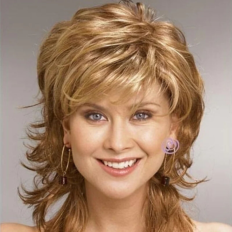 Blond warstwowe faliste kostiumy peruki dla kobiet peruka syntetyczna kręcone warstwowe fryzury z grzywką krótkie peruki z grzywką