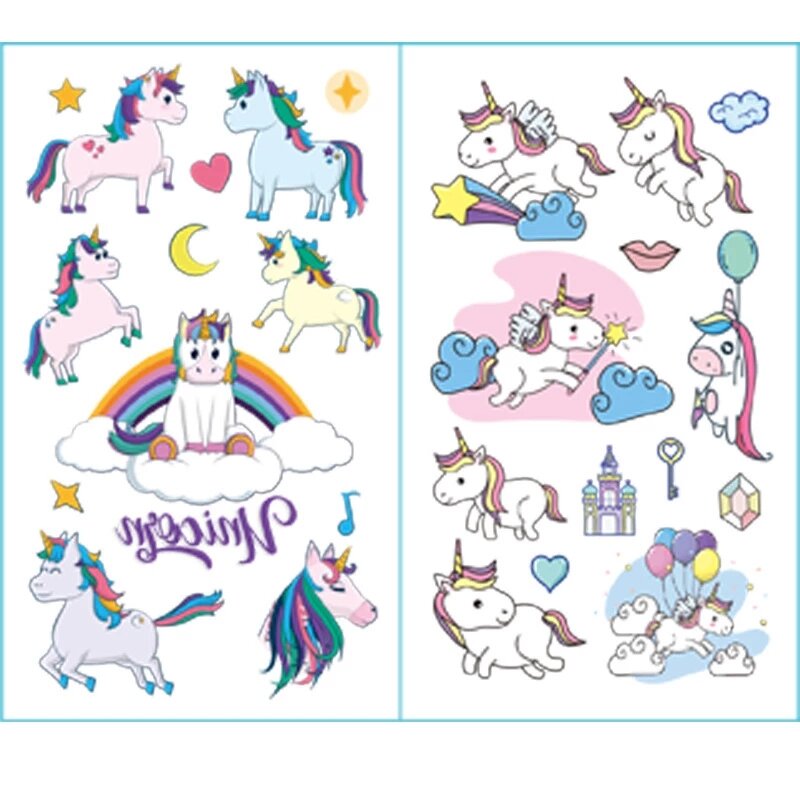 Cartoon Unicorn Temporary Tattoo Set para crianças, adesivo de corpo falso, impermeável, cor bonito, crianças, 10pcs