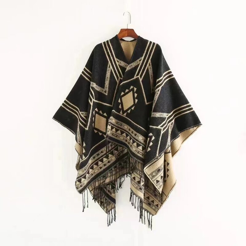 2024 nuovo stile Nepalese indiano geometrico nappa divisa scialle donna aria calda aria condizionata camera Lady mantello Poncho mantelle nero kaki