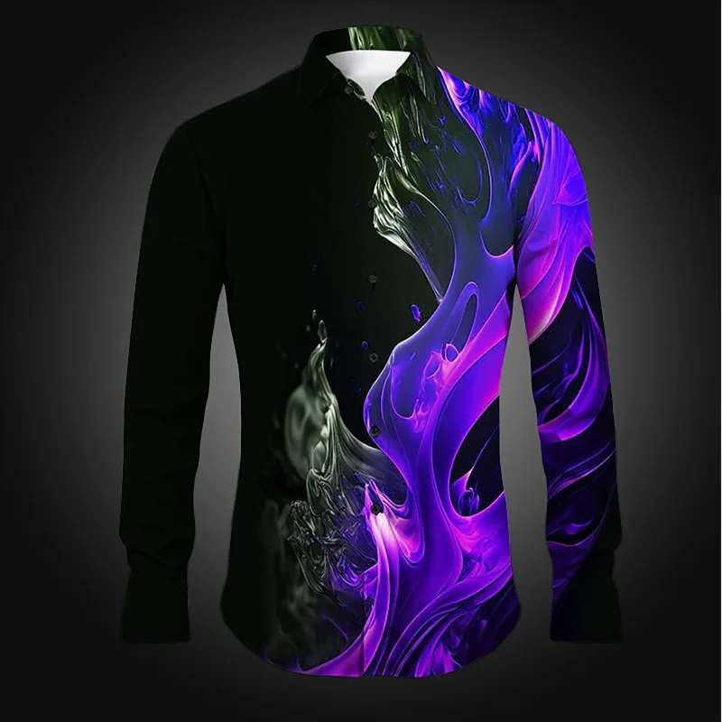 High end artistic style digital flame print men's long sleeved shirt casual men's Hawaii 2024 new men's long sleeved shirt