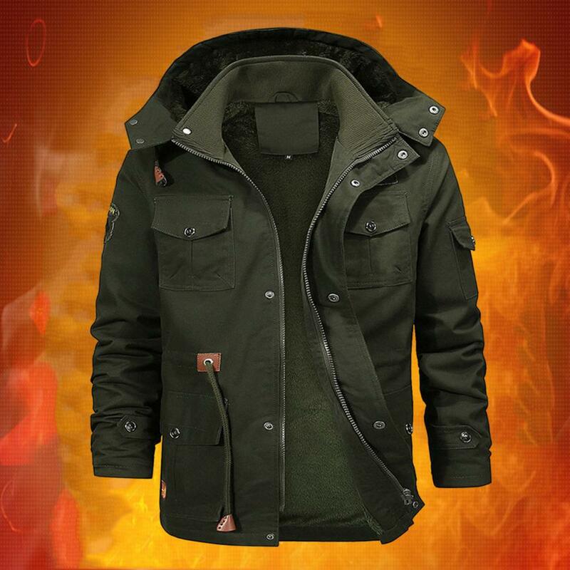 Men Winter Solid Color Jacket Coat Detachable Hooded Stand Collar Long Sleeve Fleece Lining Multi Pockets Zipper Placket Outwear