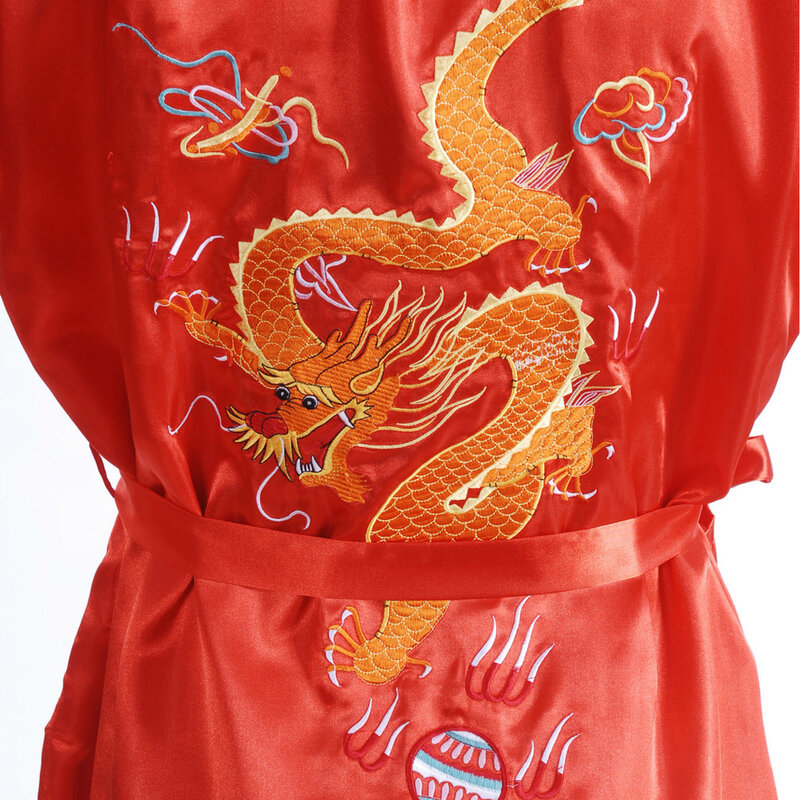 Bata de seda satinada con bordado de dragón chino para hombre, Kimono, albornoz, Pijama, bata de baño