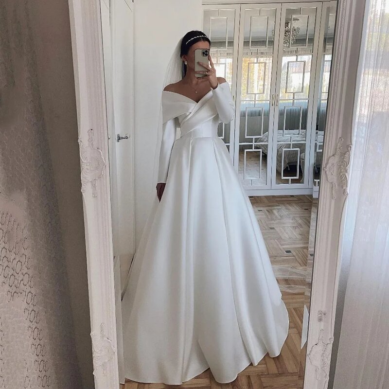 Dubai elegante vestido de noiva com mangas compridas, vestidos de noiva a linha, vestidos de noiva deslumbrantes, branco e marfim, personalizar a medida, 2024
