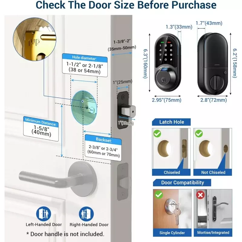 Veise Smart Lock, Fingerprint , 7-in-1 Keyless Entry Door with App Control, Electronic Touchscreen Keypad, D