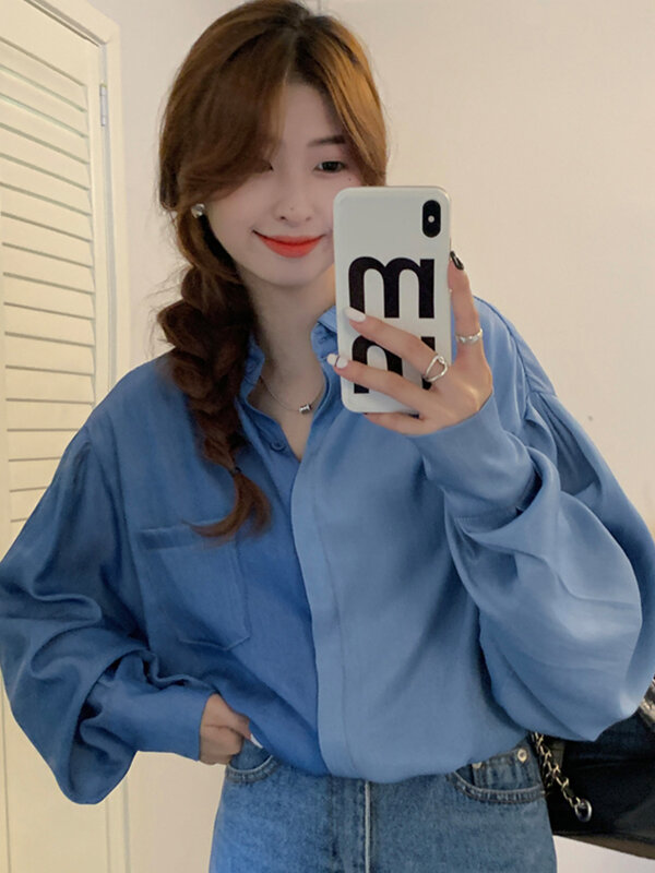Simple Office Dress Long Sleeve Shirt for Women Blue Color Matching Shirt Lady Lantern Sleeves Loose Slim Polo Collar Blouses