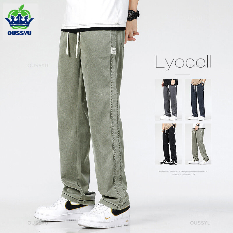Lyocell-pantalones vaqueros elásticos para hombre, pantalón informal de marca, holgado y recto, color verde militar, talla grande M-5XL, a la moda, para las cuatro estaciones