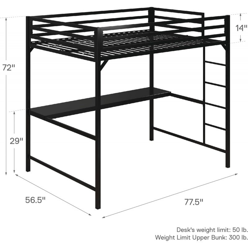 DHP mile metalowe pełne łóżko na antresoli z biurkiem, czarne