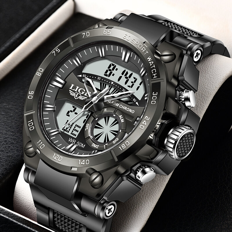 LIGE-reloj analógico de cuarzo para hombre, accesorio de pulsera resistente al agua 50M con doble pantalla, complemento Masculino deportivo de marca de lujo con diseño militar y alarma