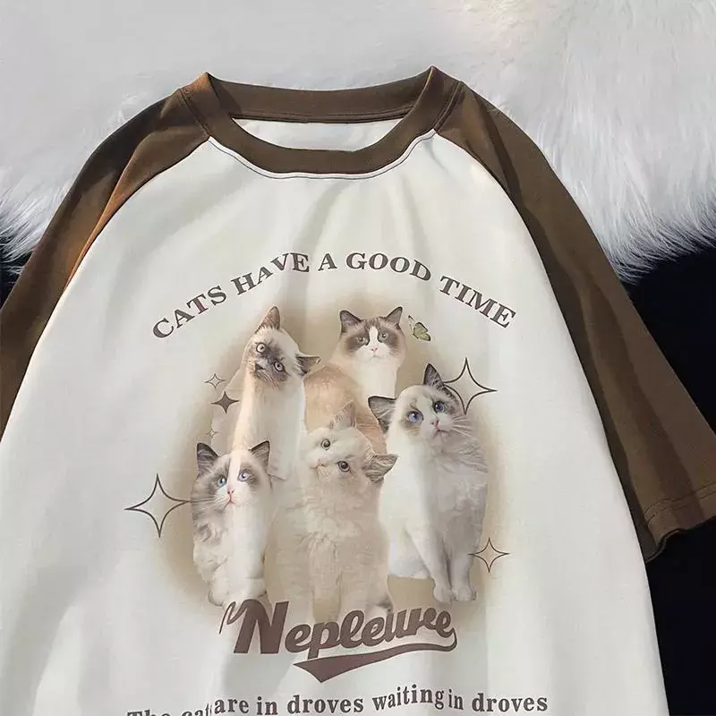Camiseta de algodón con estampado de gato para mujer, ropa holgada de manga corta con personalidad, estilo Vintage, kawaii