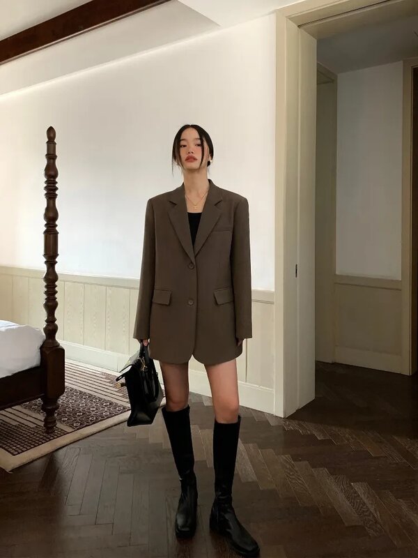 여성용 블랙 긴팔 정장 재킷, 한국 패션 백 스플릿 오피스 레이디 블레이저 코트, 가을 겨울 재킷, 루즈 코트