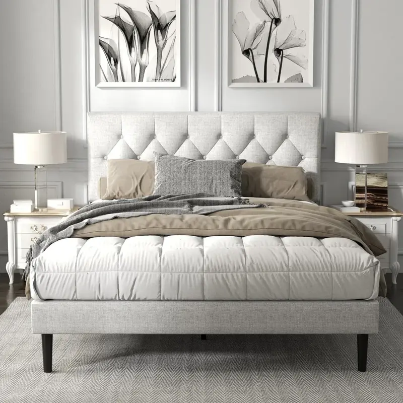 โครงเตียงหัวเตียงแบบกระจุกพร้อมปุ่มบุนวมรองรับไม้ระแนงไม่ต้องใช้สปริงประกอบง่ายโครงเตียง