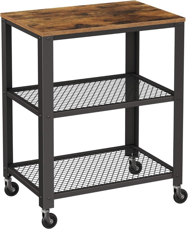 VASAGLE Serving Cart, 3-Tier Bar Cart on Wheels with Storage and Steel Frame, Rustic Brown ULRC78X, 15.7 X 23.6 X 30.6 Inches