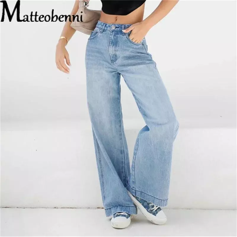 2021ผู้หญิงสูงเอวกางเกงยีนส์ Vintage Blue Jean กางเกงตรง Overalls Denim กางเกงสุภาพสตรียาวหลวม Street กางเกงยีนส์ขากว้าง