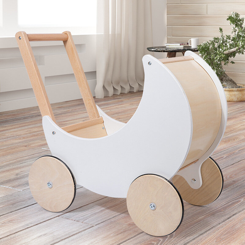 Nieuwe Nordic Houten Witte Maan Kinderwagen Kinderen Hand Duw Rollator Speelgoed