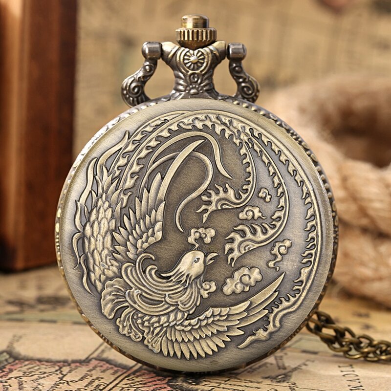 Reloj de bolsillo de cuarzo antiguo para hombre y mujer, cadena de filigrana vívida en espiral, Phoenix, bronce, pájaro volador, joyería, regalos
