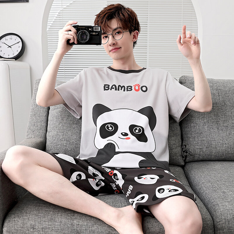 Panda dos desenhos animados masculino pijama de algodão, pijama adulto, solto, manga curta, loungewear de lazer, coreano, verão