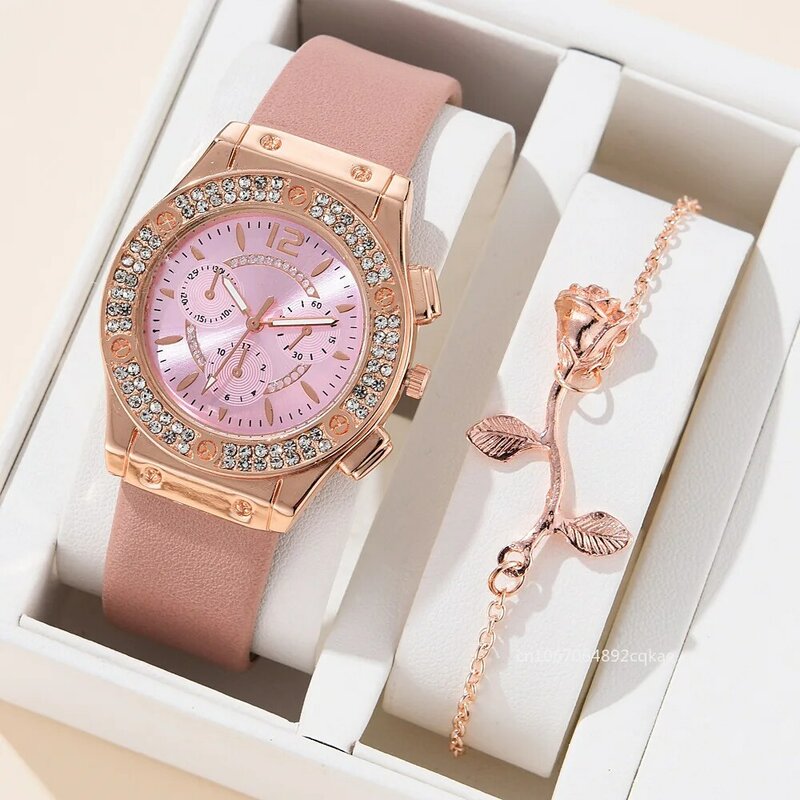 Conjunto de relógios de pulseira feminina, relógio de pulso strass luxuoso, relógio de quartzo elegante para meninas, moda