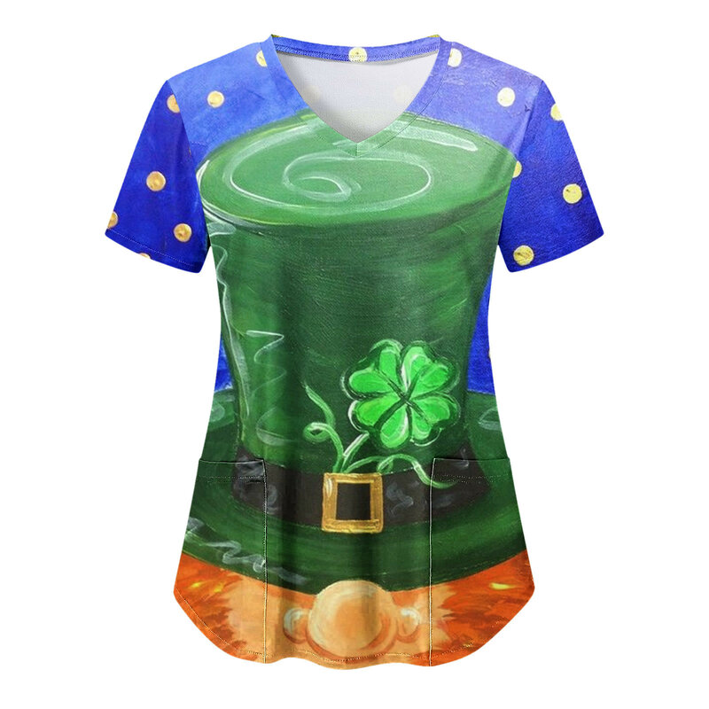 Women's Casual V Neck Short Sleeved St. Patrick's Day Funny Clover Pattern Printing Protective Work Wear Tops With Pocket