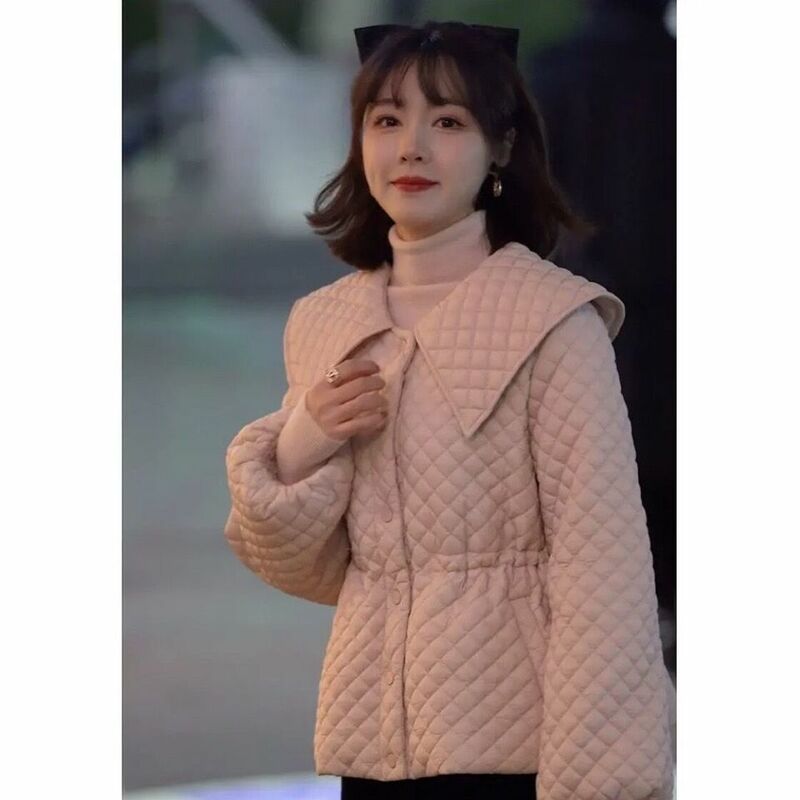 Outono e inverno 2022 versão coreana nova moda temperamento boneca gola cintura casaco de algodão + magro casual elegante casaco feminino