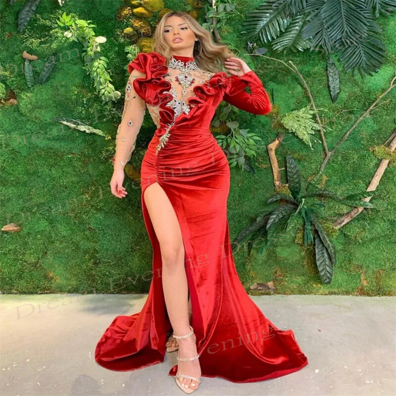 Vestido de noite vermelho com gola alta feminino, manga comprida, divisão lateral, novo vestido moderno de baile sereia, clássico, sexy, 2022