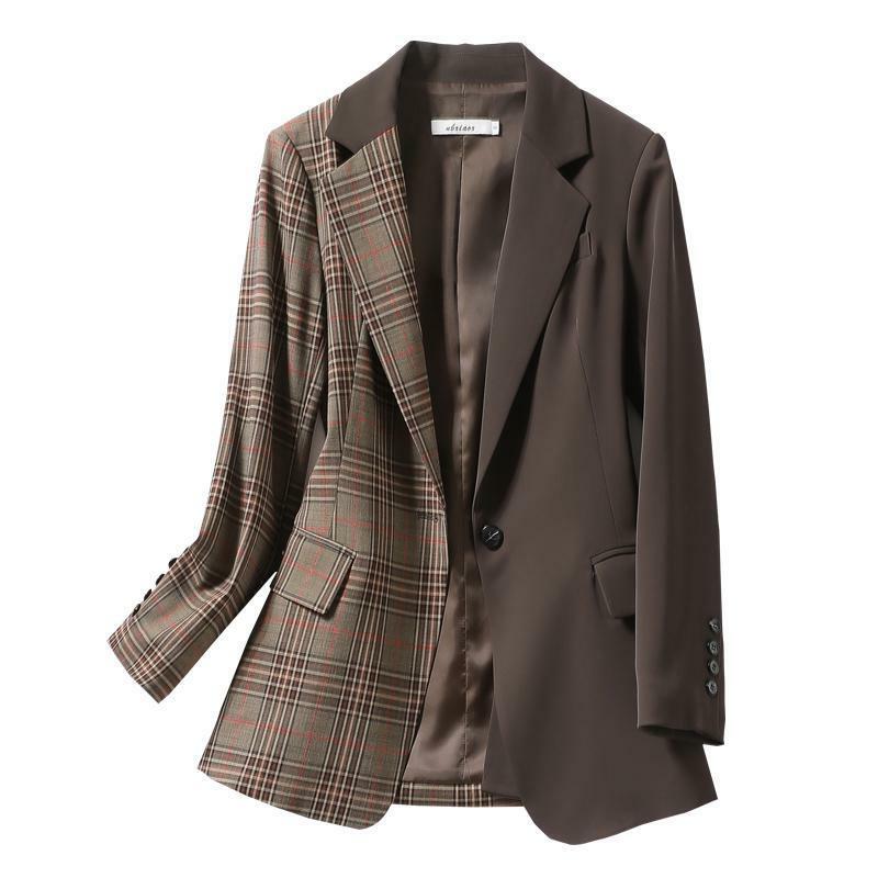 Pakaian wanita bergaya Inggris antik Blazer, mantel setelan ramping kotak-kotak desain mode tambal sulam baru musim semi musim gugur 2023
