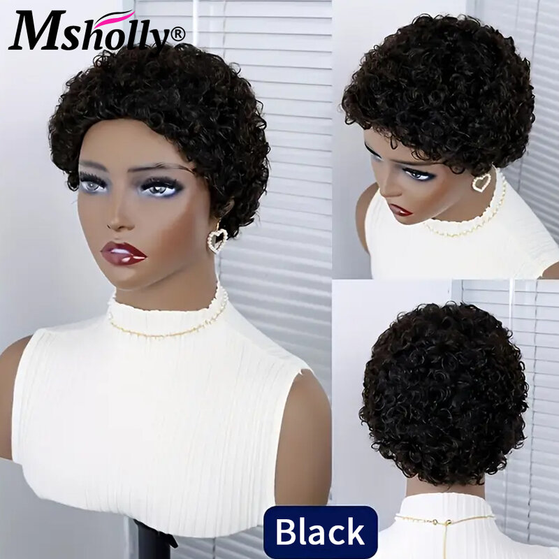Pelucas de cabello humano brasileño Remy para mujeres negras, pelo corto rizado, corte Pixie, sin pegamento, Afro, rizado, hecho a máquina