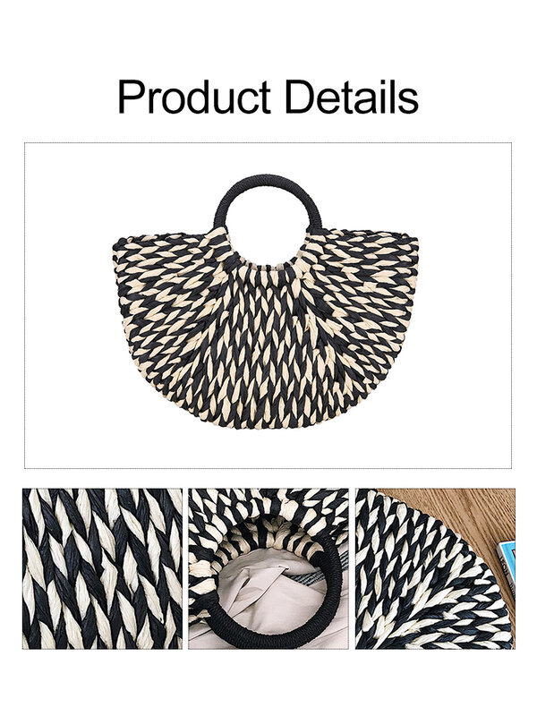 Borsa da donna in paglia di vimini di moda borsa da spiaggia di design di lusso con tessitura a mezza borsa a tracolla rotonda di grande capacità