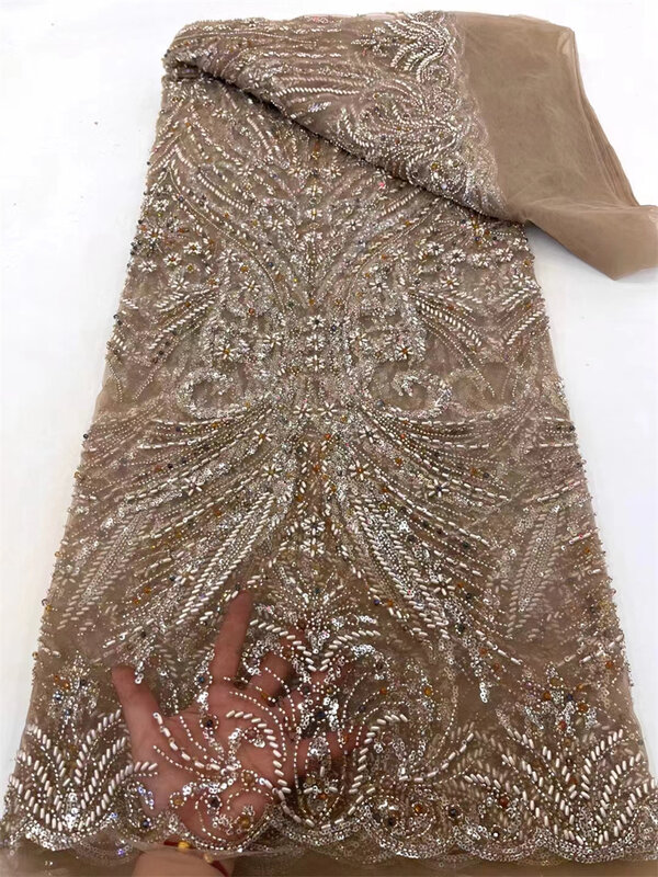 Kain renda Afrika dengan mutiara dan payet 3D, kualitas tinggi, bordir jala, kain renda, mewah untuk pernikahan, gaun malam