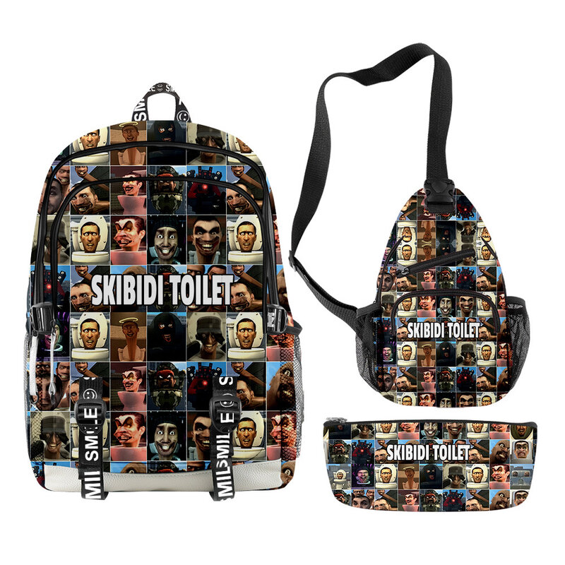 Skibidi Toilet Cartoon Backpacks Oxford Cloth Daypacks 3 Pieces Sets Zipper Rucksack Shoulder Bag Pencil Bag