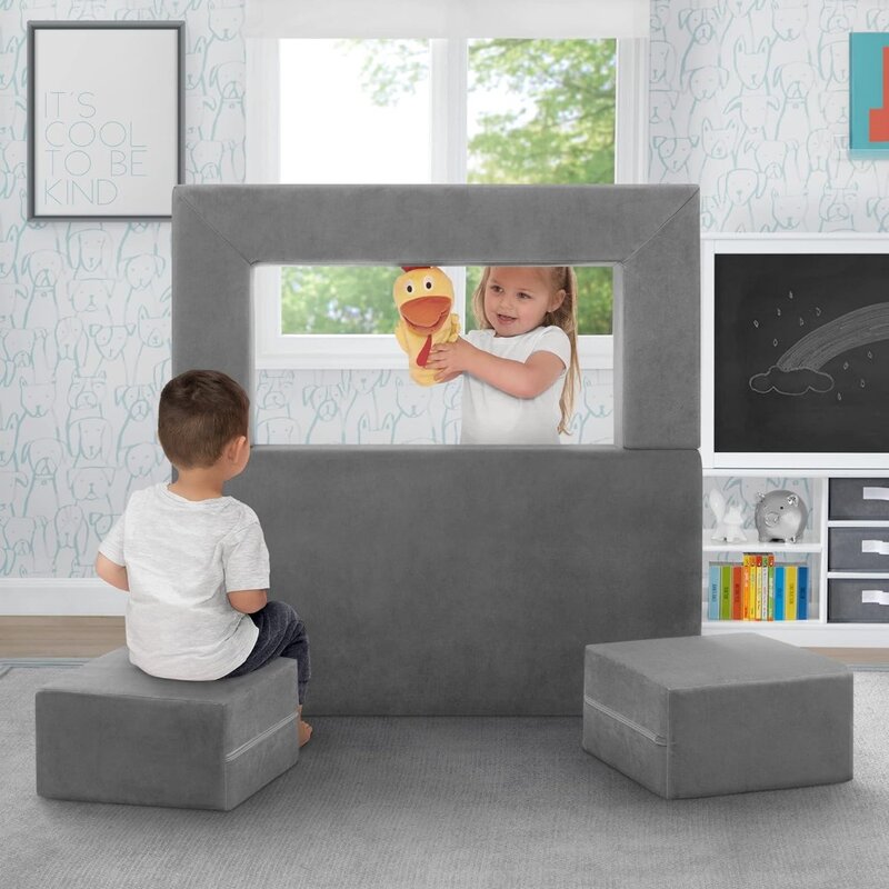 Sofa und Spielset für Kinder und Kleinkinder Modulare Schaumstoff couch und ausklappbare Liege mit 2 Hocker sofas Graue Kinder möbel