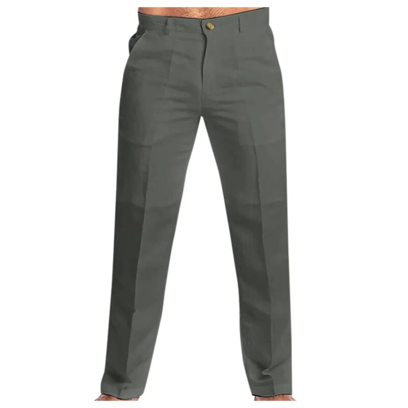Pantalones de lino informales con bolsillo para hombre, ropa de calle elegante, color blanco y gris, talla grande 3xl