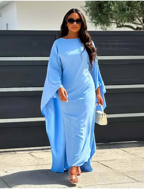 Autumn Fashion Satin Party Dress Robe Abaya Muslim Women Elegant Solid Round Neck Bat Sleeves Loose Maxi Dress Women