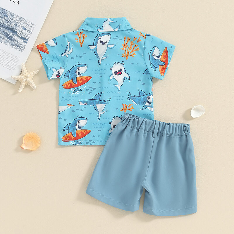 幼児用漫画プリント半袖ボタンダウンTシャツ男の子用トップス、伸縮性ウエストショーツセット、夏服、2個