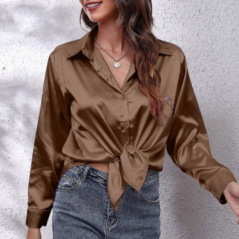 Camisa de cetim de seda manga longa feminina, elegante e confortável, blusa solta com botão de rua casual, nova moda, verão