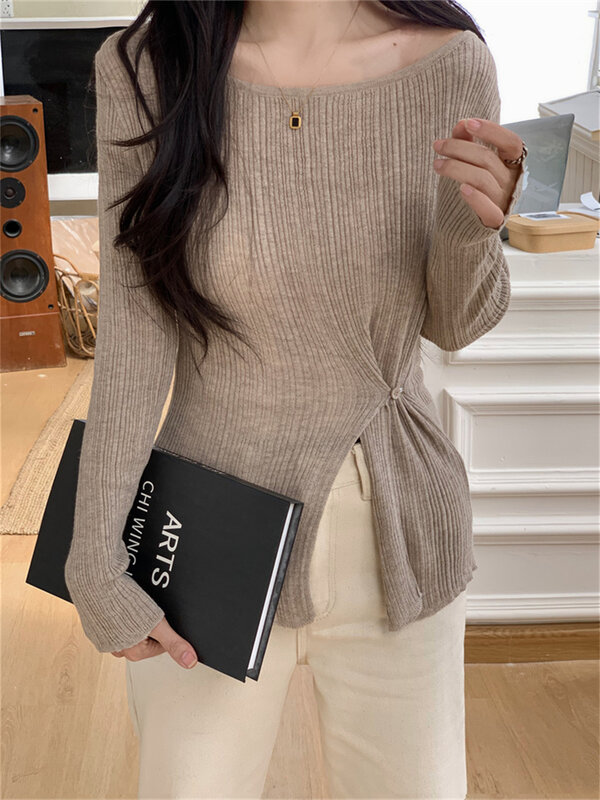 Женский свитер с разрезом и длинным рукавом Alien Kitty, однотонный тонкий трикотажный Свободный пуловер в офисном стиле, осень 2023