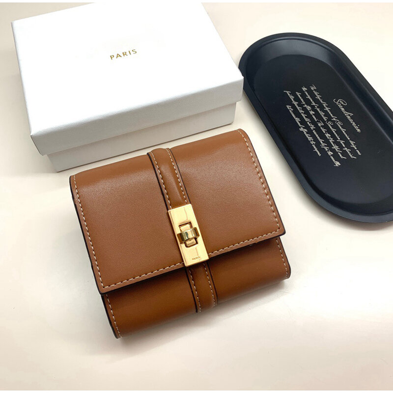 Dompet Mini kulit desain merek, dompet pendek hitam sederhana modis, dompet lipat tiga Slot kartu Multi klasik, tas kartu kredit