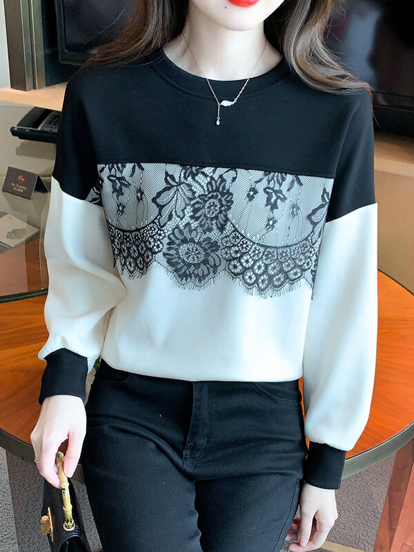 Lace Patchwork Sweatshirt for Women 2024 Autumn Winter New Korean Fashion Casual Pullover Loose O-Neck Long Sleeve Jumper Female