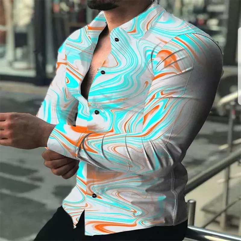 Koszula męska tęczowa płomienna nadruk wzór geometryczny klapa na zewnątrz z długim rękawem odzież z nadrukiem modna projektantka uliczna na co dzień