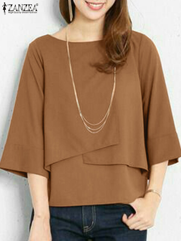 ZANZEA-túnica informal de cuello redondo para mujer, blusa de media manga, Tops de doble capa, camisa elegante, blusa Lisa Simple, 2024