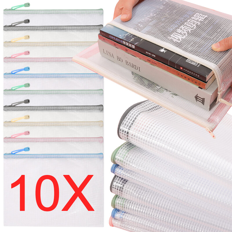 10/1PCS A4 Mesh Zipper Pouch Transparent Waterproof Storage Bags Files Folders Papers Certificates Books Document Organizer