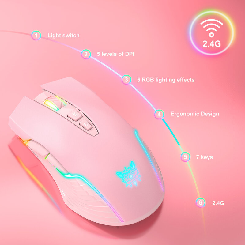 ONIKUMA CW905 bezprzewodowa mysz 2.4ghz 7 przyciski programujące regulowane 4 poziomy 3600DPI myszy do gier z oddychającymi kolorami LED