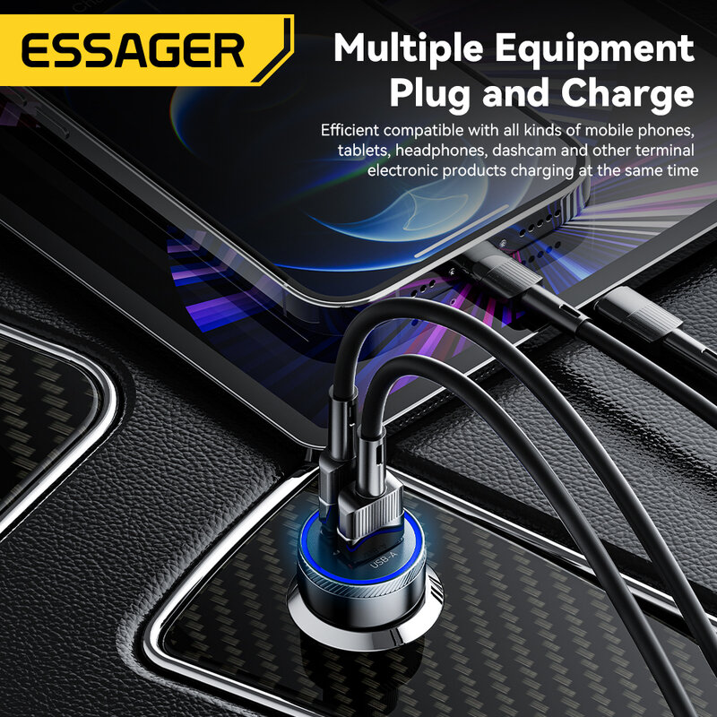 Essager 54 واط USB شاحن سيارة 5A سريع الشحن QC 3.0 PD 3.0 SCP AFC USB نوع C سيارة شاحن الهاتف آيفون هواوي سامسونج شاومي