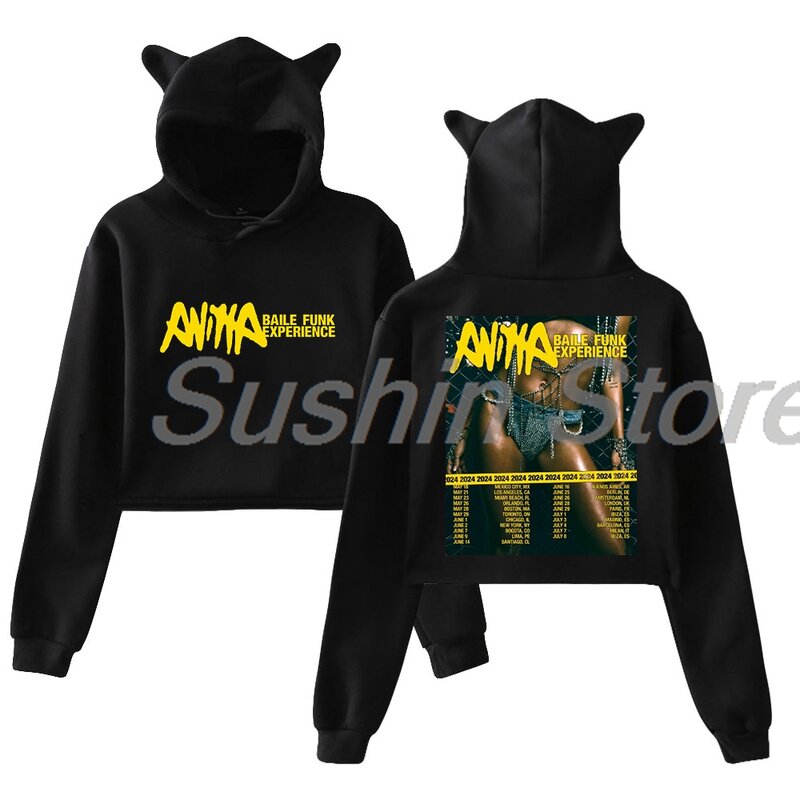 Anitta Baile Funk Experience Tour 2024 Pullover Female Cat Ears Hoodie Long Sleeve Crop Top Women's Clothes