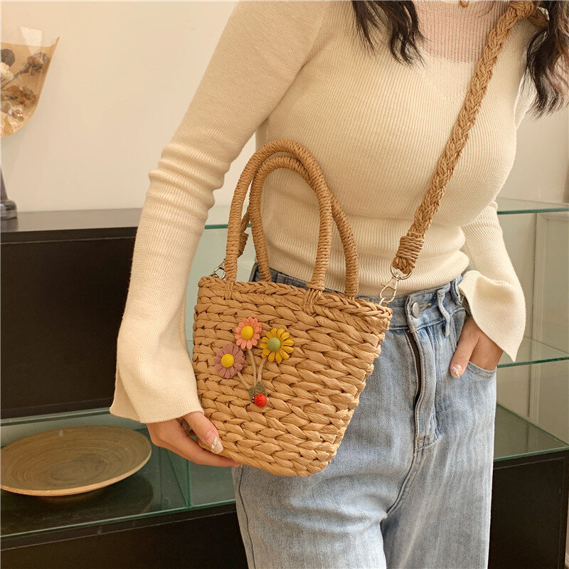 Соломенные женские сумочки с цветами, плетеная веревочная маленькая сумка-тоут, летние пляжные соломенные сумки ручной работы через плечо