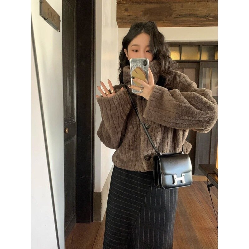 Vintage Solid Stand Neck Loose Casual Sweaters Japanese Streetwear Fashion Fluffy Coats New Y2k Aesthetic Grunge Women Cardigans