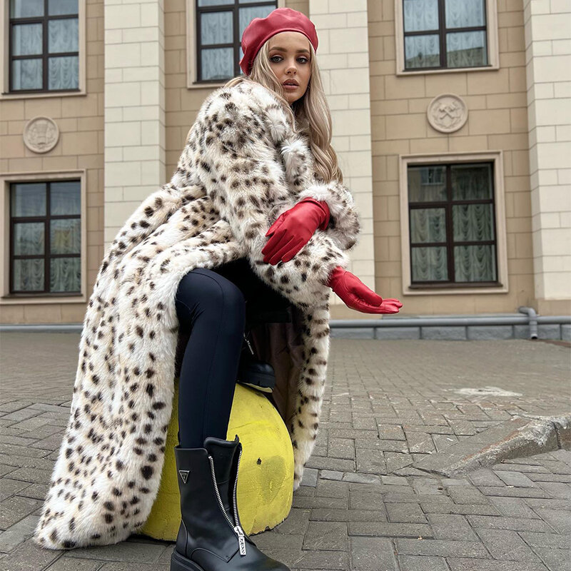Abrigo largo de piel de zorro sintética para mujer, chaqueta mullida con cinturón de leopardo, moda urbana, exclusivo, invierno, 2023