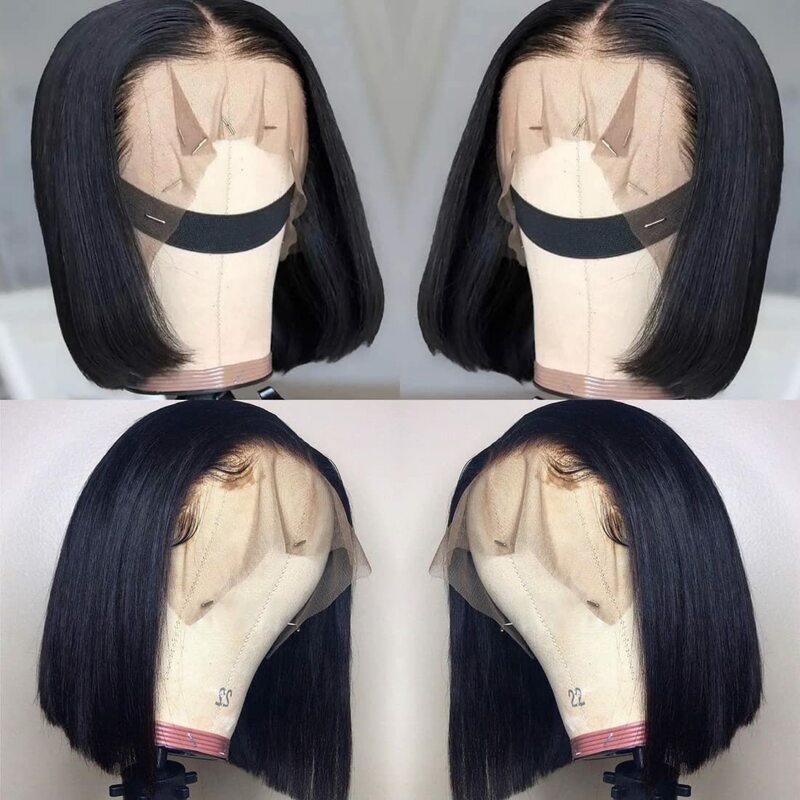 Peluca de cabello humano liso con encaje frontal para mujer, postizo de encaje frontal, corte Bob corto, sin pegamento, brasileño, 180%, 13x4